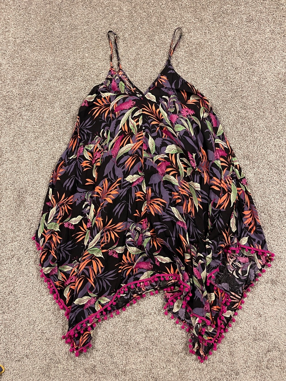 Japna Black Tropical Boho Handkerchief-Hem Dress with Pink Poms Hem Sz M